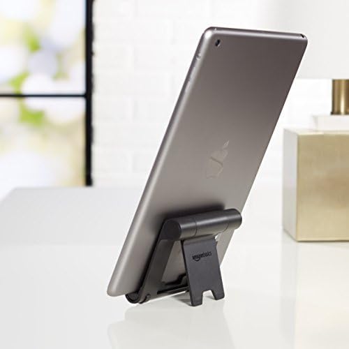 Amazon Basics Multi-Angle Portable Foldable Stand for Tablets, E-Readers and Phones, Non-Slip Desktop Holder for iPads, iPhones, Kindles, Hands-Free Viewing - Silver