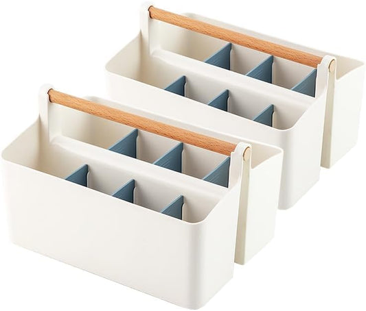 Vidifor 2 pcs Large Art Caddy Tote with Handle, DIY Divided Basket, Desk and Dorm Caddy for Craft Supplies, Colored Pencils, Markers, Makeup, Office Storage Supplies (Pink/Blue Dividers)