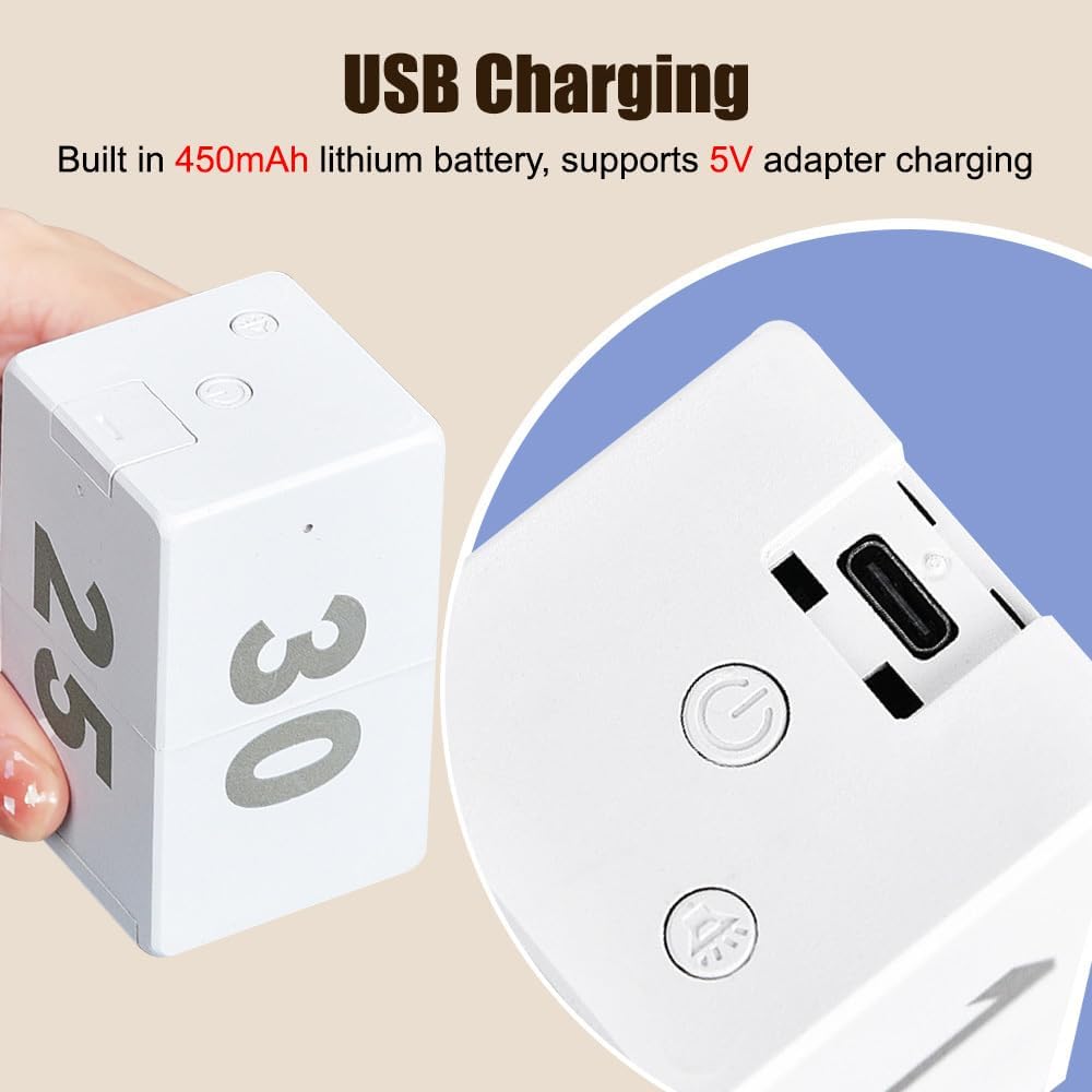 Pomodoro Timer Cube, Desk Productivity Time Management Tool with 10 Timer Presets, Adjustable Volume Small Pomodoro Cube for Task Work Cooking Kitchen