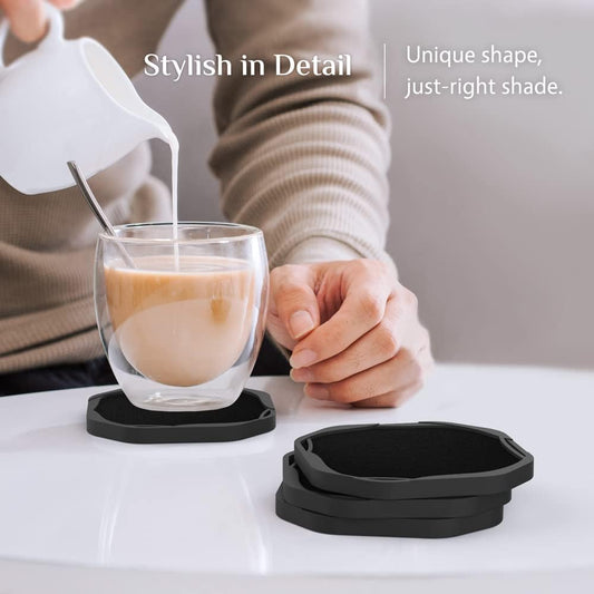UMIRRO Black Octagon 4" Felt & Silicone Drink Cup Coasters Set of 6 with Holder - Super Absorbent, Built-in Leak Protection, Non-Stick, Modern Coasters for Coffee Table, Desk & Home Decor