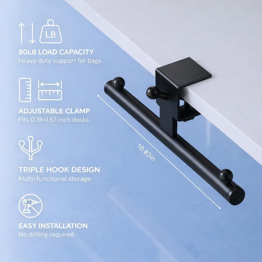 Heavy-Duty Backpack Hanger for Desk & Table, Adjustable Desk Hook for Bag with 80lb Capacity, T-Shape Backpack Holder & Purse Hook for Table, Clip-On Desk Bag Hook for Office Classroom Home