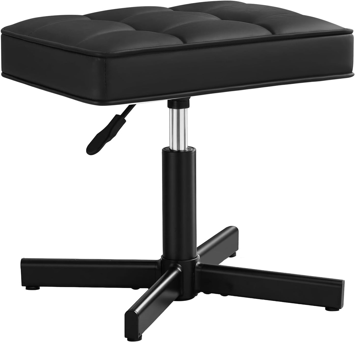 LUE BONA Adjustable Vanity Stool, Foot Rest Under Desk, 360° Swivel Vanity Chair for Makeup Room, Black Upholstered Faux Leather Ottoman for Bathroom & Living Room, 300lbs