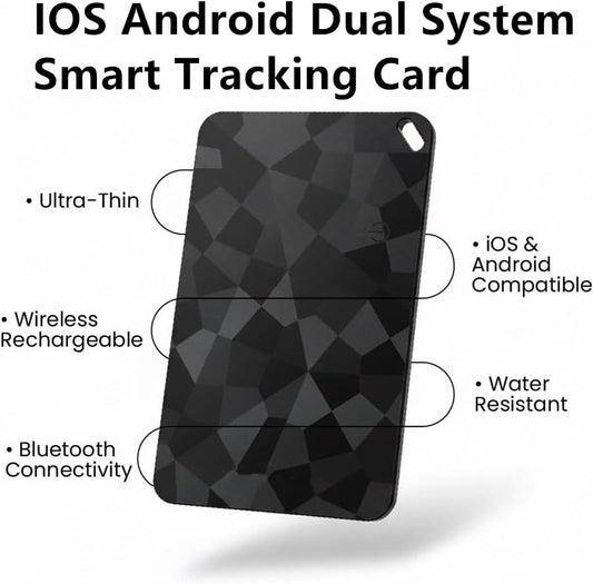 Ultra-Thin Smart Tracking Card, iOS and Android Compatible, Bluetooth Wireless Rechargeable, Water Resistant, Wallet Finder with Geometric Black Design