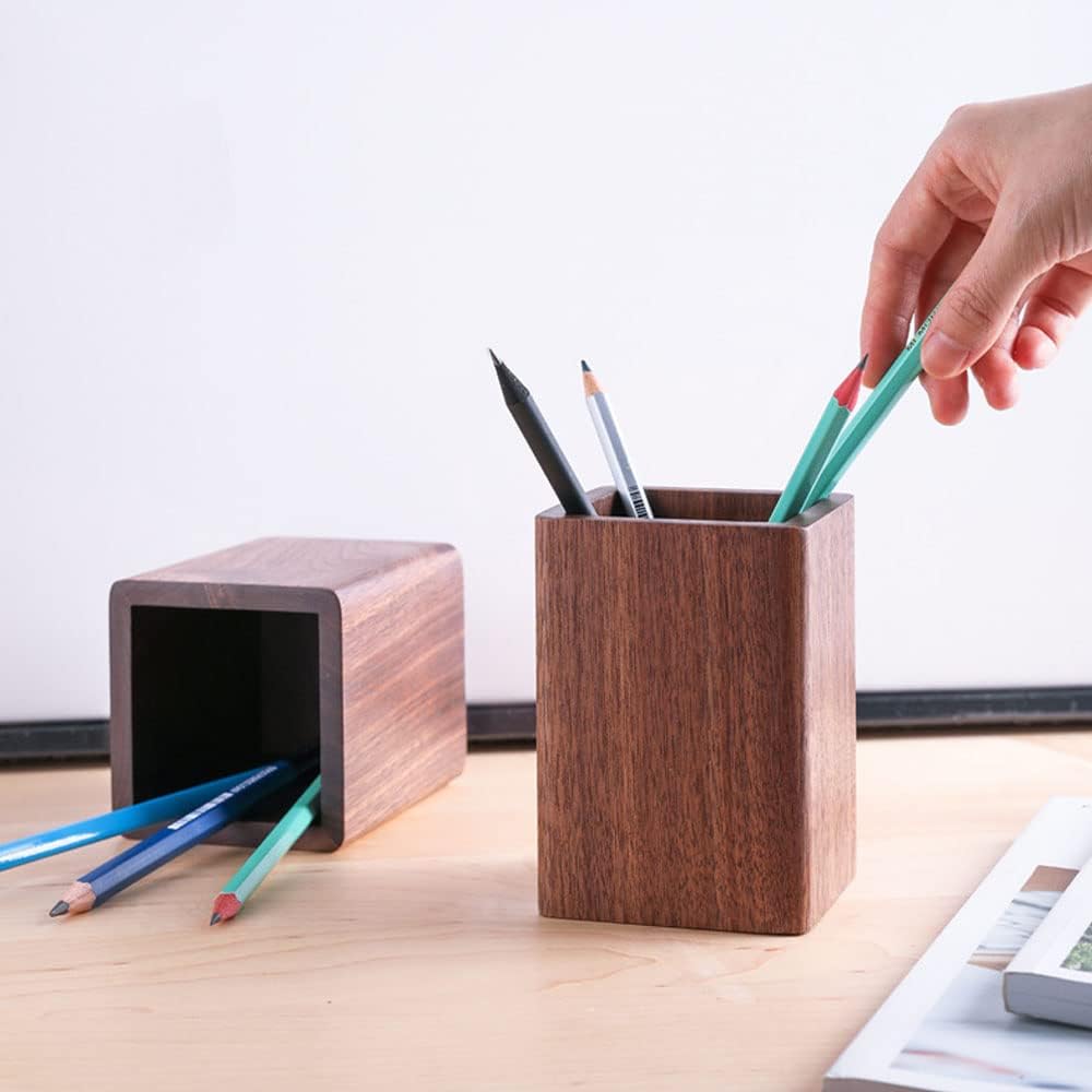 Wooden Pencil Holder, Stationery Organizer, Square Pen Cup Holder, Black Walnut Wood, Handwork, Desk Decoration, for Stationery, Make up Brushes, Desks, Offices (Brown)