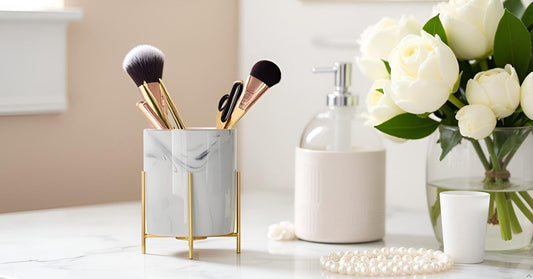 Gold Pencil Cup Sturdy Metal Frame With White Ceramic Pen Holder For Desks and kitchen Appliance Holders