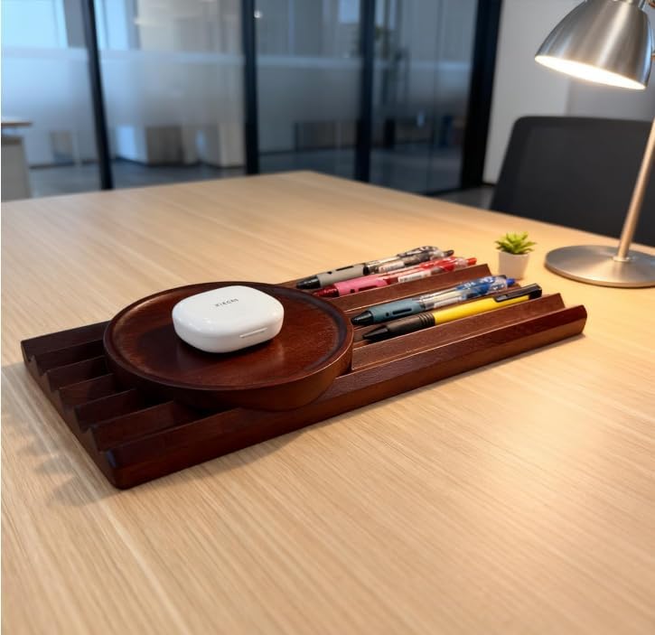 Pen Holder Wave Pen Tray Wooden Desk Organizer,Pencil Holder,Fountain Tray,Pencil Organizer for Desk (Walnut)