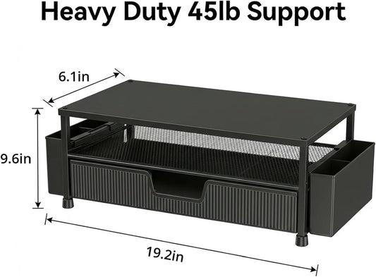 ECOLOVI Desk Organizer and Accessories, 2-Tier Computer Monitor Stand Rise with Storage Drawer & 2 Pen Holders, Laptop & Printer Stand for Desktop, Workspace Organizers for Office Supplies (Brown)