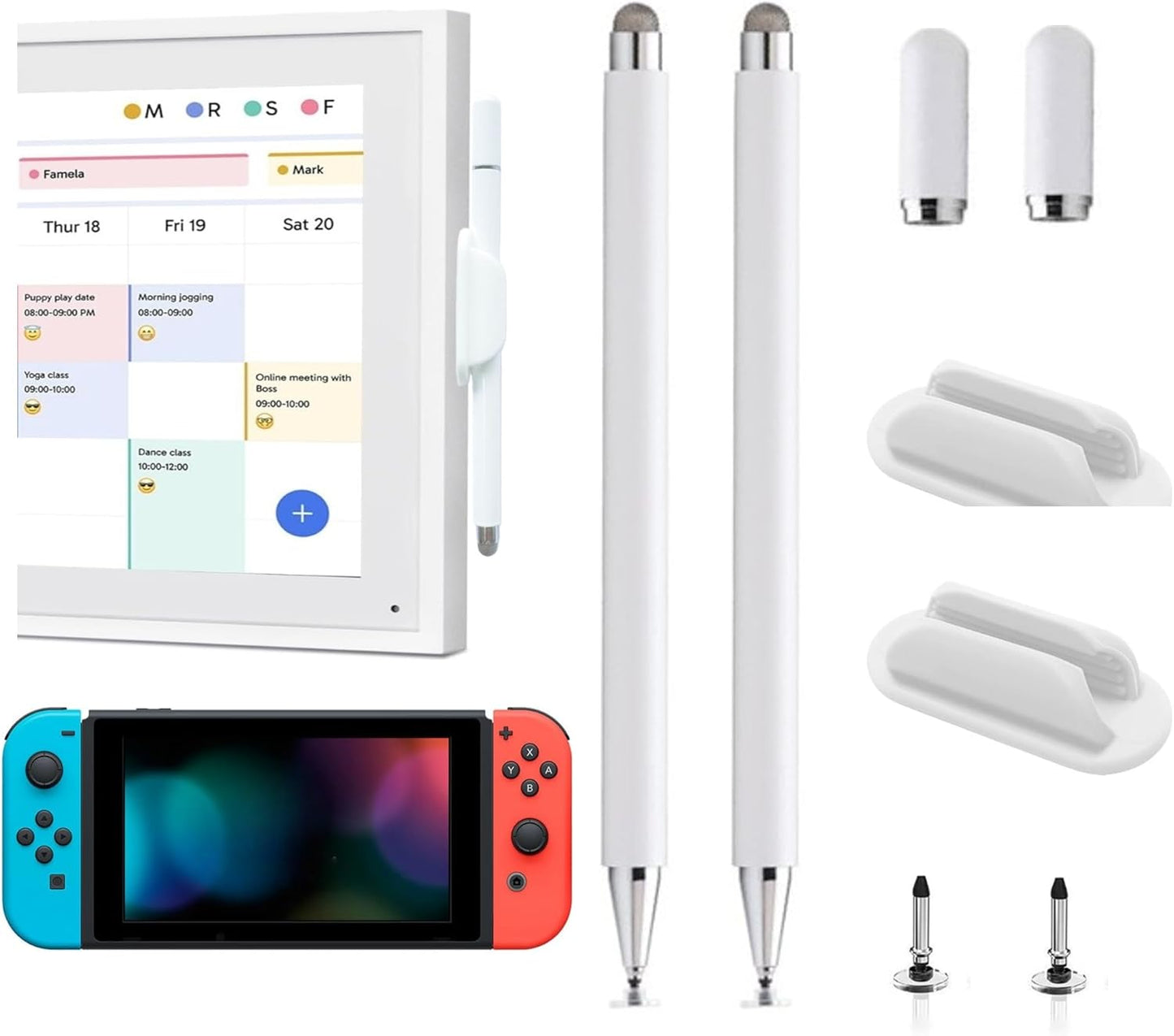 2Pcs Stylus and Mount for Skylight Calendars 15/27 Inch/Nintendo Switch 2/Switch Lite, 2in1 Dual Tip Pen for Skylight Calendar Accessories Magnetic Suction Pen Cap (2*Stylus+Holder White)