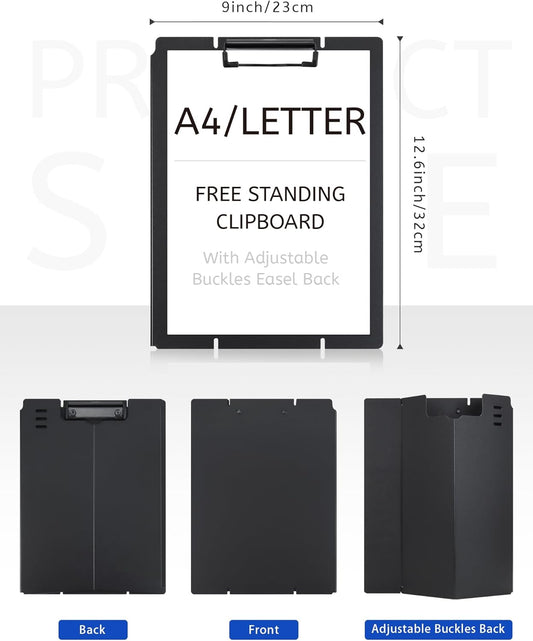 Free Standing Clipboard and Desktop Stand with Adjustable Buckles Easel Back - Foldable Stand and Document Holder for School, Office and Business Use (9.37 x 12.6 inches) (Black)