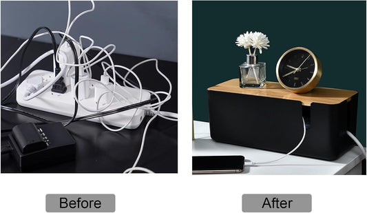 Changsuo Small Cable Management Box with Bamboo Lid for Extension Cord Power Stripe Surge Protector Wire Concealer Organizer Cover Hider (White)