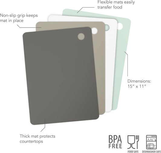 Tovolo Large Flexible Cutting Mats Set of 4 Chopping Boards for Meal Prep Cut Slice Dice Fruits Veggies & Meats, Easy Clean Dishwasher Safe Assorted Small Nylon Cutting Board Mat Set, 15" L X 11" W