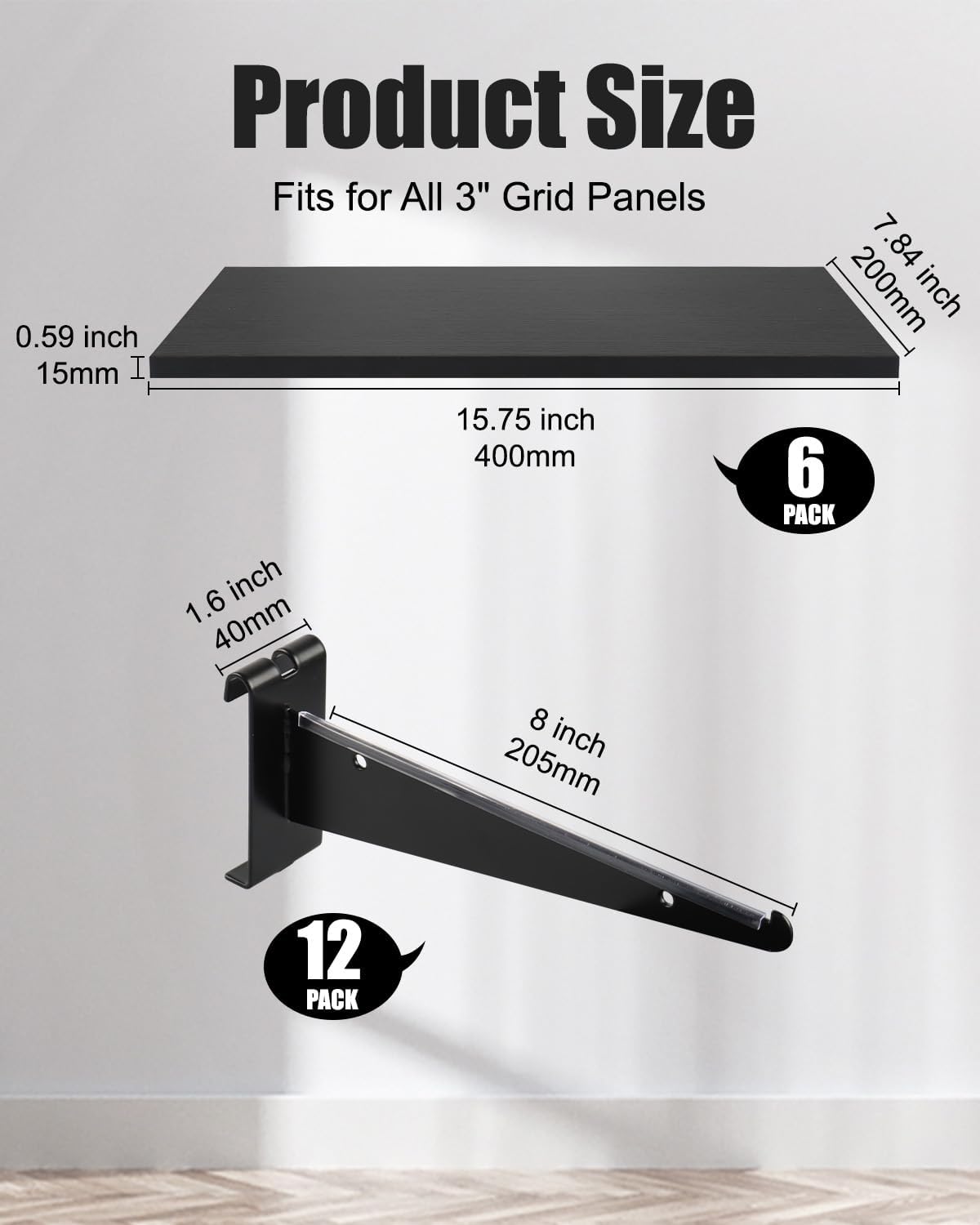 6 Pack Gridwall Shelf with Metal Brackets, 16"x 8" Wooden Gridwall Shelves Heavy Duty Gridwall Shelving Organizer Accessories for Garage, Visualizer, Workbench and Bitchenette (16x8x0.6)