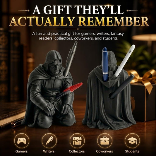 Warrior Pen Holder for Desk, Fallen Hero Pencil Holder, Cool Funny Desk Organizer, Fantasy Knight Resin Sculpture for Pens Markers Stylus, Unique Office Decor Gift for Gamers Writers, 1-Pack