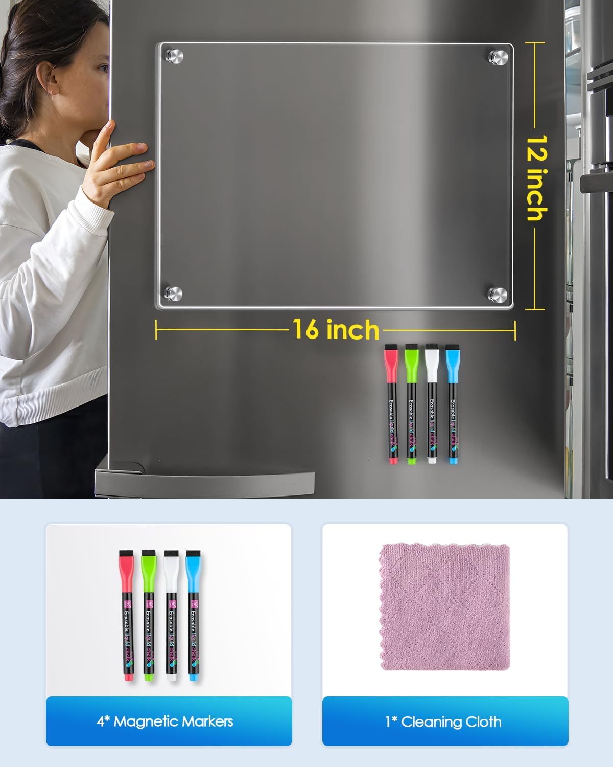 MaxGear 12"x8" Acrylic Magnetic Whiteboard for Fridge, Small Clear Refrigerator Dry Erase Board with 4 Markers and 1 Cloth, Smooth Writing and Easy Cleaning Blank Memo Grocery List for Home Planner