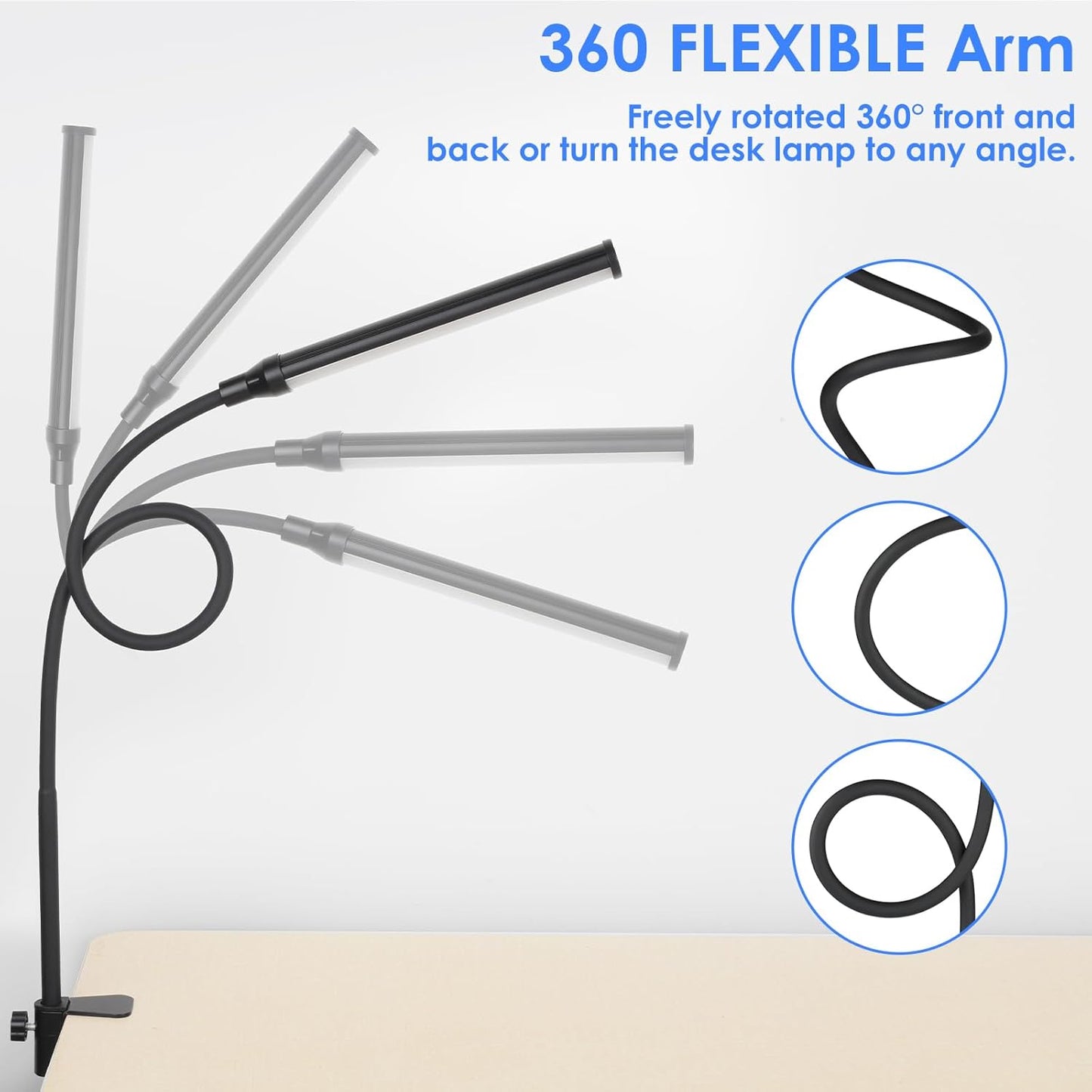 ShineTech LED Desk Lamp with Clamp, Eye-Caring Clip on Desk Light with 3 Color Modes & Stepless Dimming, 360° Flexible Gooseneck Desk Lamp for Home Office College Dorm with USB Adapter