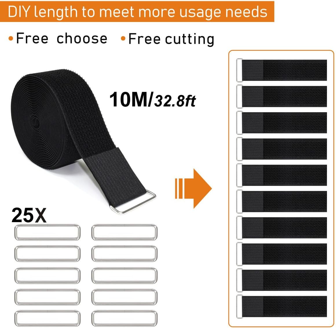 YMCRLUX 1"x32ft Hook and Loop Straps with 50 Metal Buckles, Adjustable Fastening Cable Straps, Cut-to-Length Cinch Strap, Reusable Nylon Securing Cord Ties for Organizer or Storage, 1 inch Wide, Black