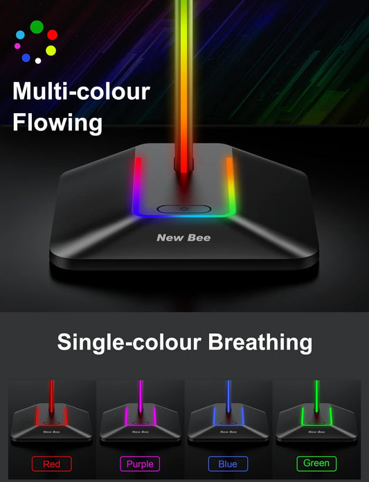 New Bee Headphone Stand with RGB Lighting, Sturdy Aluminum Gaming Headset Holder with USB-C & USB Charging Ports, Stable Desktop Earphone Stand for All Headphones Size, Black
