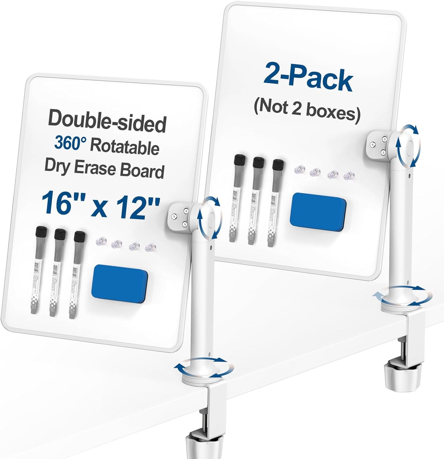 Double-Sided Clamp-On Desk Whiteboard, 360° Swivel Desktop Dry Erase Board for Office & Home Study, Fits Desks Under 2.3" Thick, Space Saving Memo Board (16" x 12") with Markers(1pc)