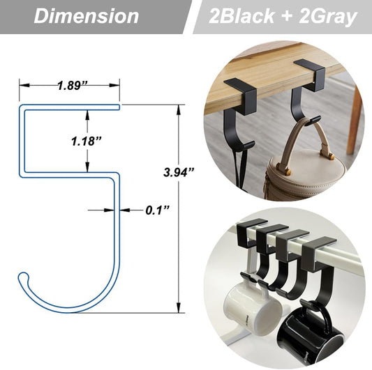 4Pcs Students' Desk Hook Nail Free Clamp-On Under Desk Schoolbag Hook Women's Bag Handbag Headphone Hanger Backpack Hook and Purse Holder - Suitable for under 3cm/1.18 inch Thick Plate(2Gray+2Black)