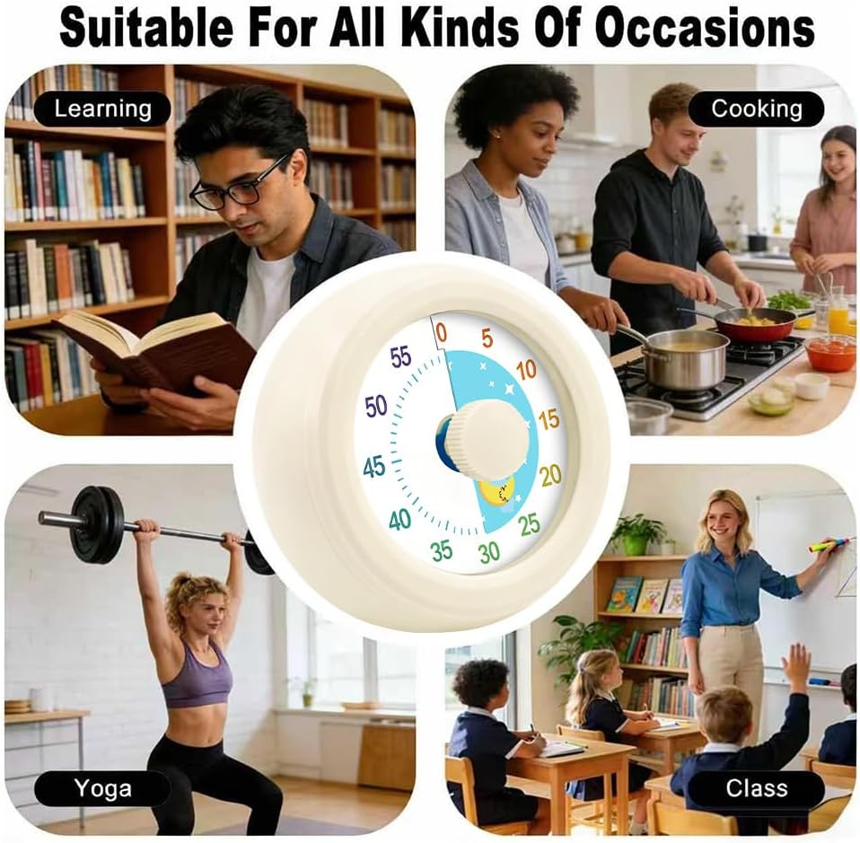 Visual Timer for Children & Adults, 60 Minutes Countdown Timer for Children, Quiet Time Management Tool, Time Management Tool for Children's Desk, Office Table and Meetings (White Moon)