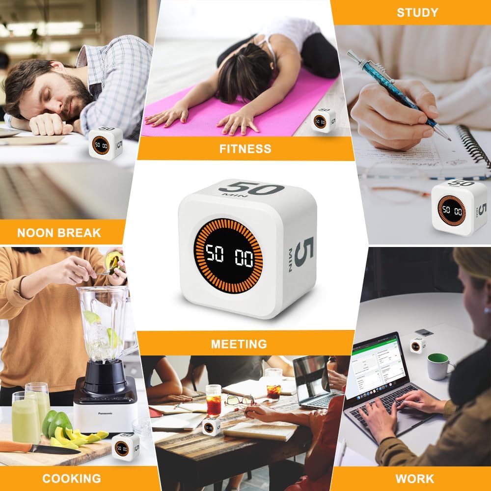 Visual Rotating Timer with 5, 10, 25 50 Minutes Preset, Desk Cube Count Down/up Timer, Rechargeable Custom-time Mute/Sound, Ideal for ADHD Work Learning Kitchen, Black