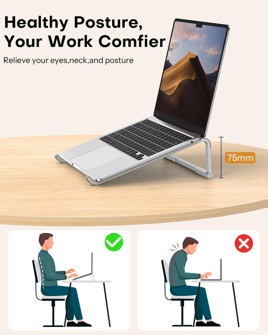 OMOTON Portable Laptop Stand for Desk, Foldable Aluminum Laptop Riser, Ergonomic Computer Stand Compatible with for MacBook Pro/Air, Dell, HP, Lenovo, 10-17.3'' (Silver)
