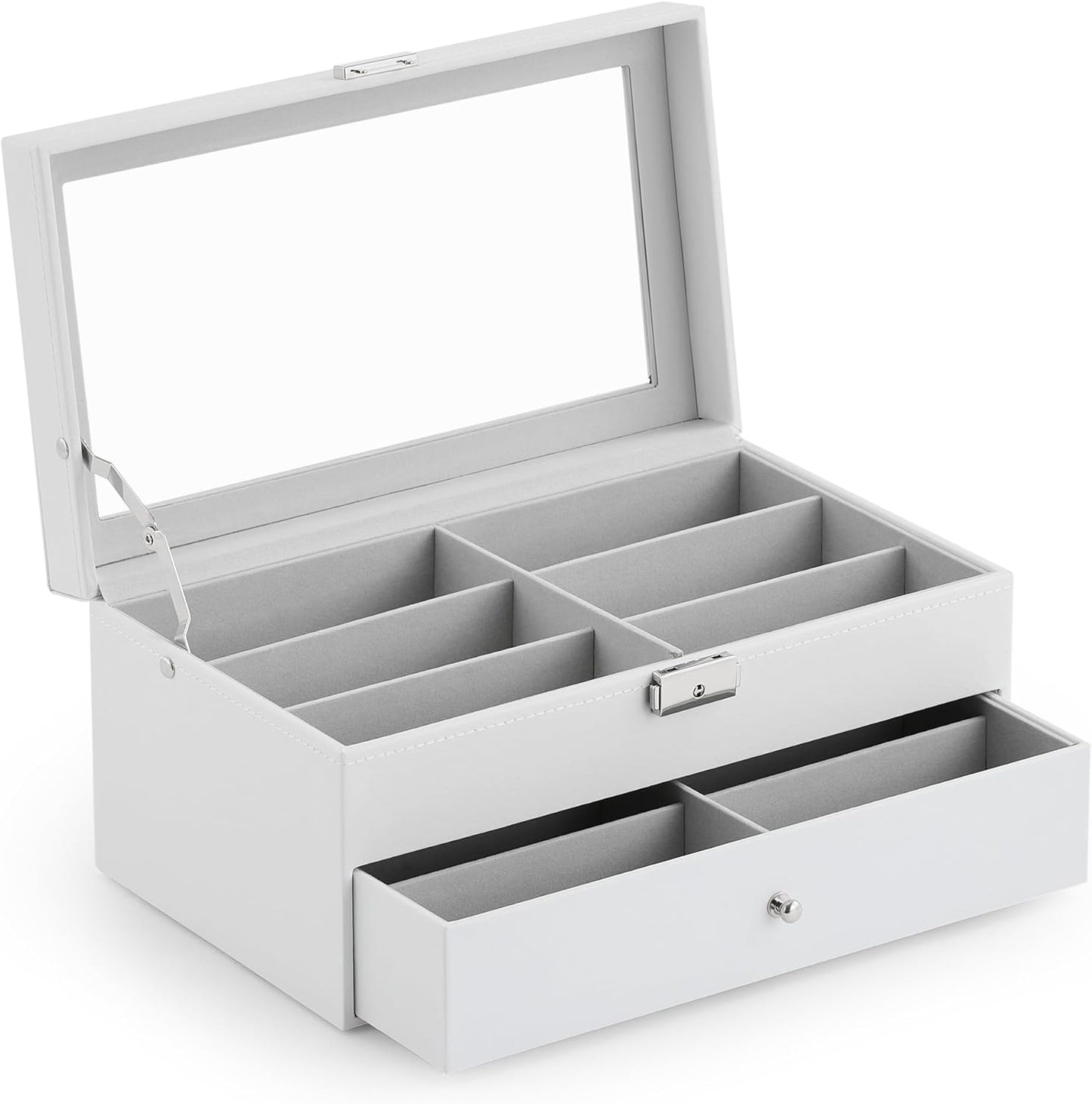 CO-Z Sunglasses Organizer with 12 Slots, Multiple Eyeglasses Eyewear Display Case for Women Men, 2 Story Leather Multi Sunglasses Jewelry Collection Holder with Drawer