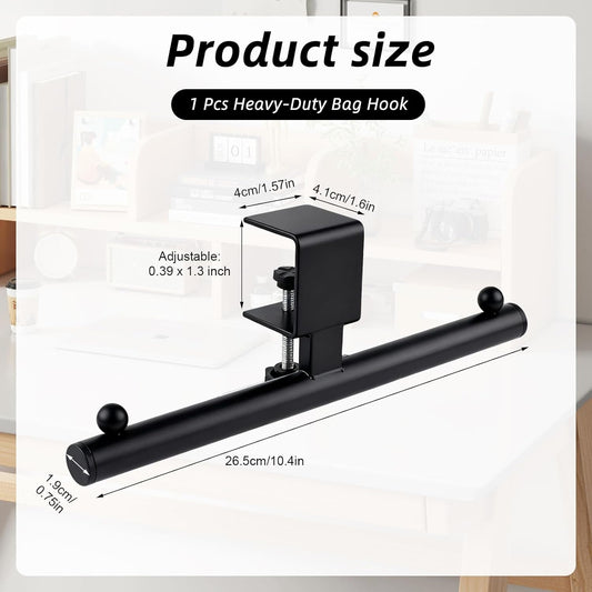1 Pack Under Desk Bag Hook,Heavy Duty Adjustable Clamp On Hanger for Backpack Purse,Space Saving Organizer for Office Desk,Classroom,Dorm Room(Black)