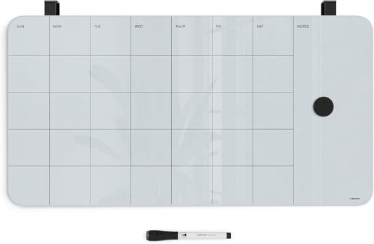 U Brands Magnetic Cubicle/Wall Glass Dry-Erase Weekly Calendar Board, 20" X 5.5" Inches, White Frosted Surface, Frameless