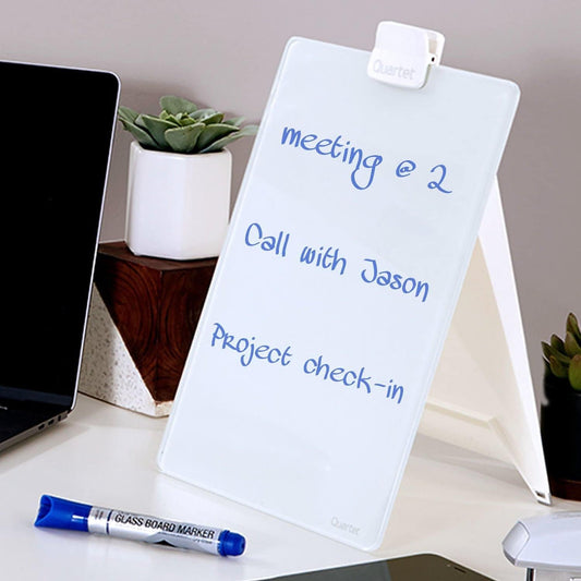 Quartet Dry Erase White Board 9"W x 11"H Desktop Glass Pad with Removable Clip and Marker, White (GDE119)