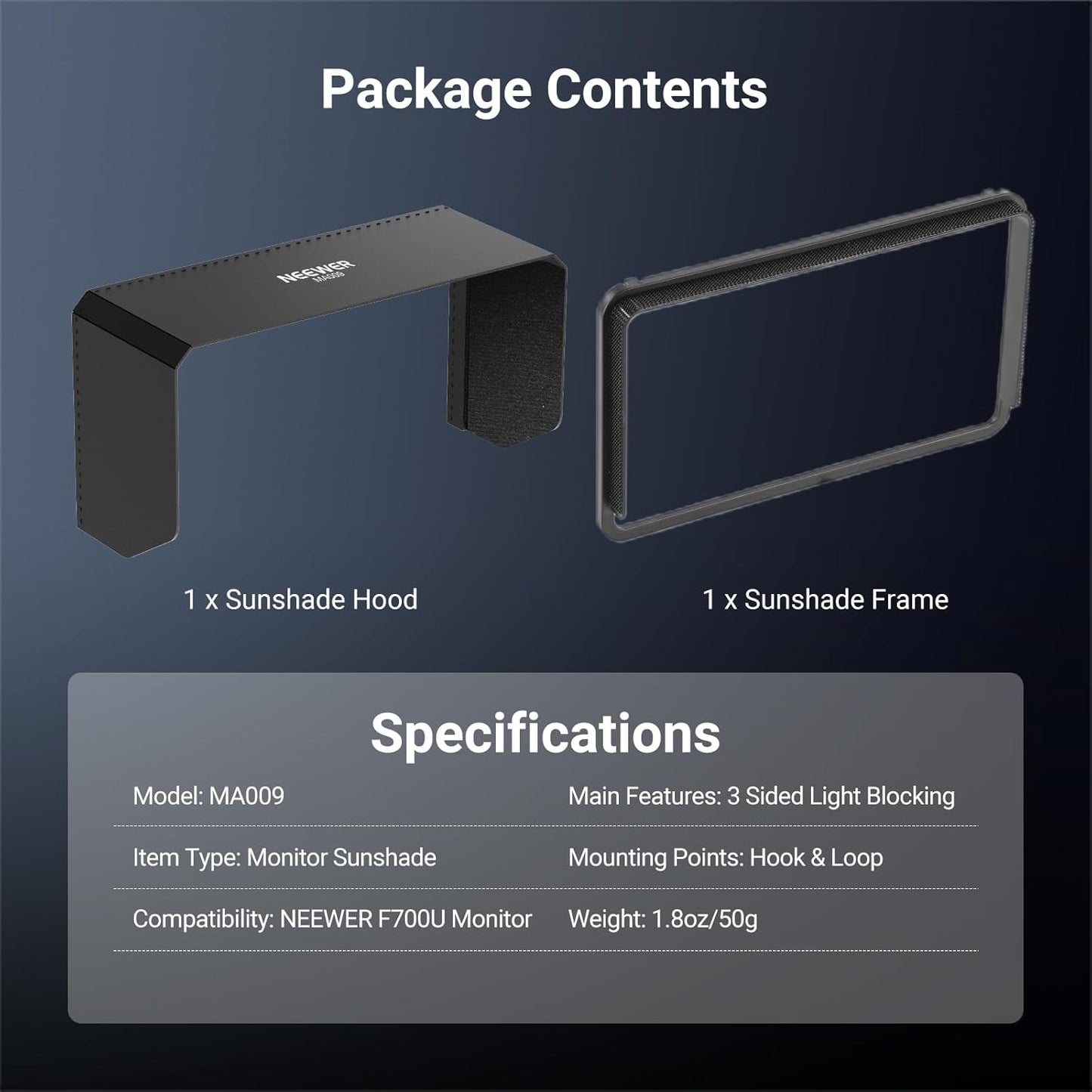 NEEWER Monitor Sunshade Hood Only for NEEWER F700U Camera Field Monitor, Three Sided Sun Hood & Formfitting Frame to Reduce Glare, Easy Button Access, Loop & Hook Quick Attachment, MA009
