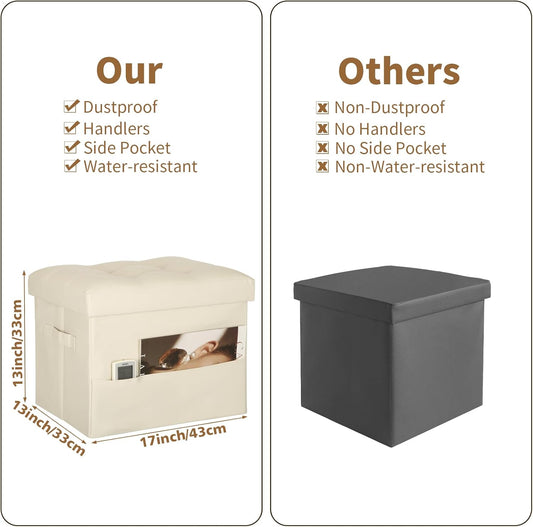 BelugaHelper Storage Ottoman Foot Rest Stool, Foldable Leather Footstool Storage Bench with Thicker Foam Padded Seat. Foot Rest Under Desk for Living Room Bedroom 350 lbs, 17x13x13 in, Brown