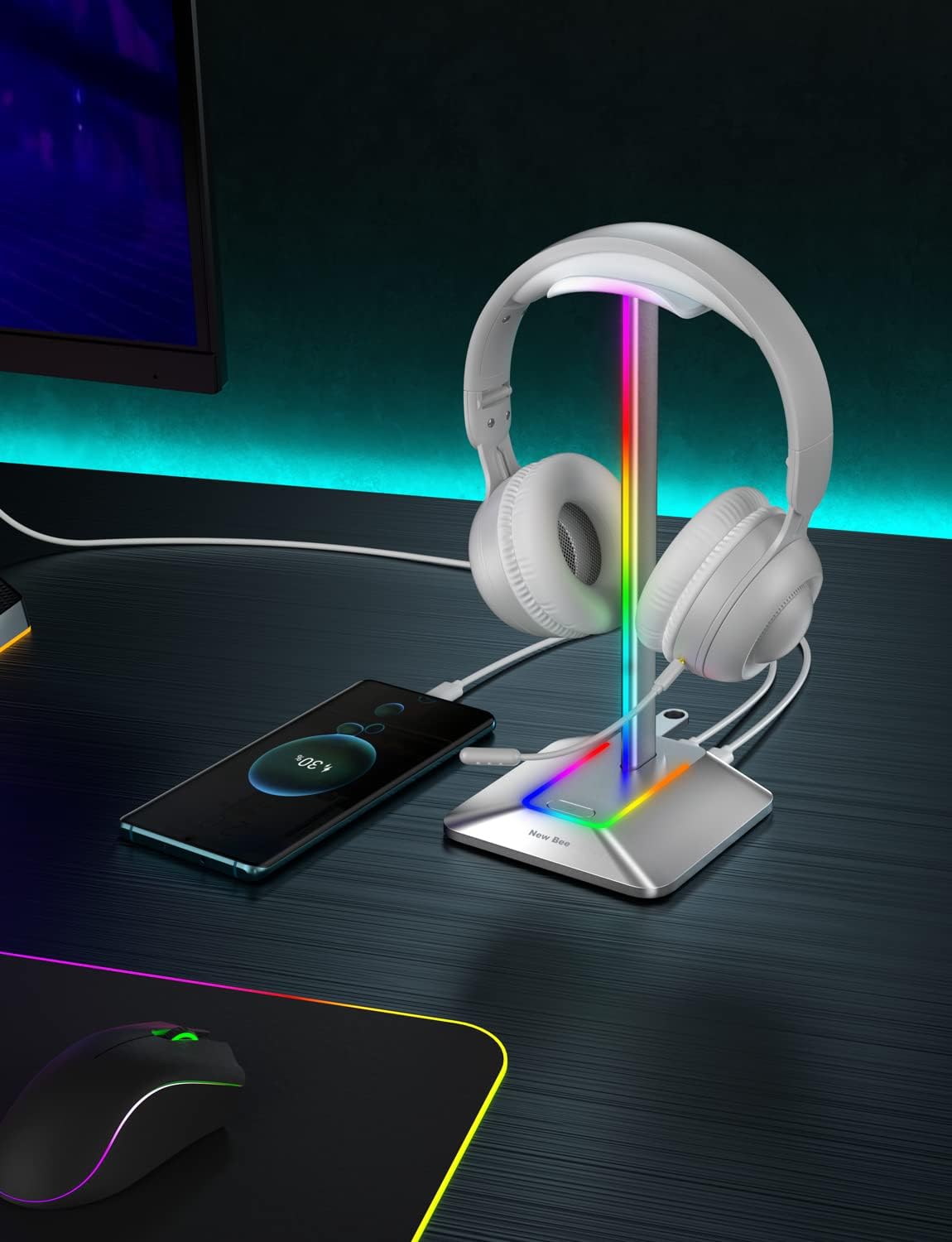 New Bee Headphone Stand with RGB Lighting, Sturdy Aluminum Gaming Headset Holder with USB-C & USB Charging Ports, Stable Desktop Earphone Stand for All Headphones Size, Black