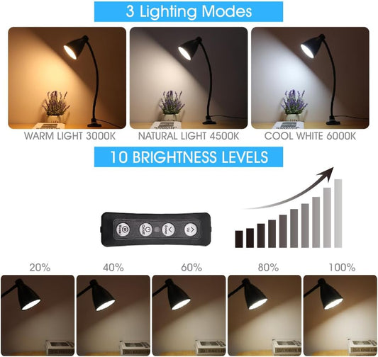 GlowVibe Desk Lamp 3 Color Modes 10 Brightness Dimmer Reading Light 10W 40 LED Clamp Lamp 360° Flexible Neck Clip on Light for Bedroom and Office Home Lighting, AC Adapter Include