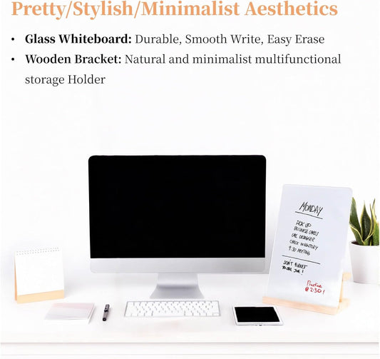 Glass White Board with Stand,Magnetic Mini Dry Erase Board for Desk,Small Desktop Whiteboard with Solid Wood Bracket