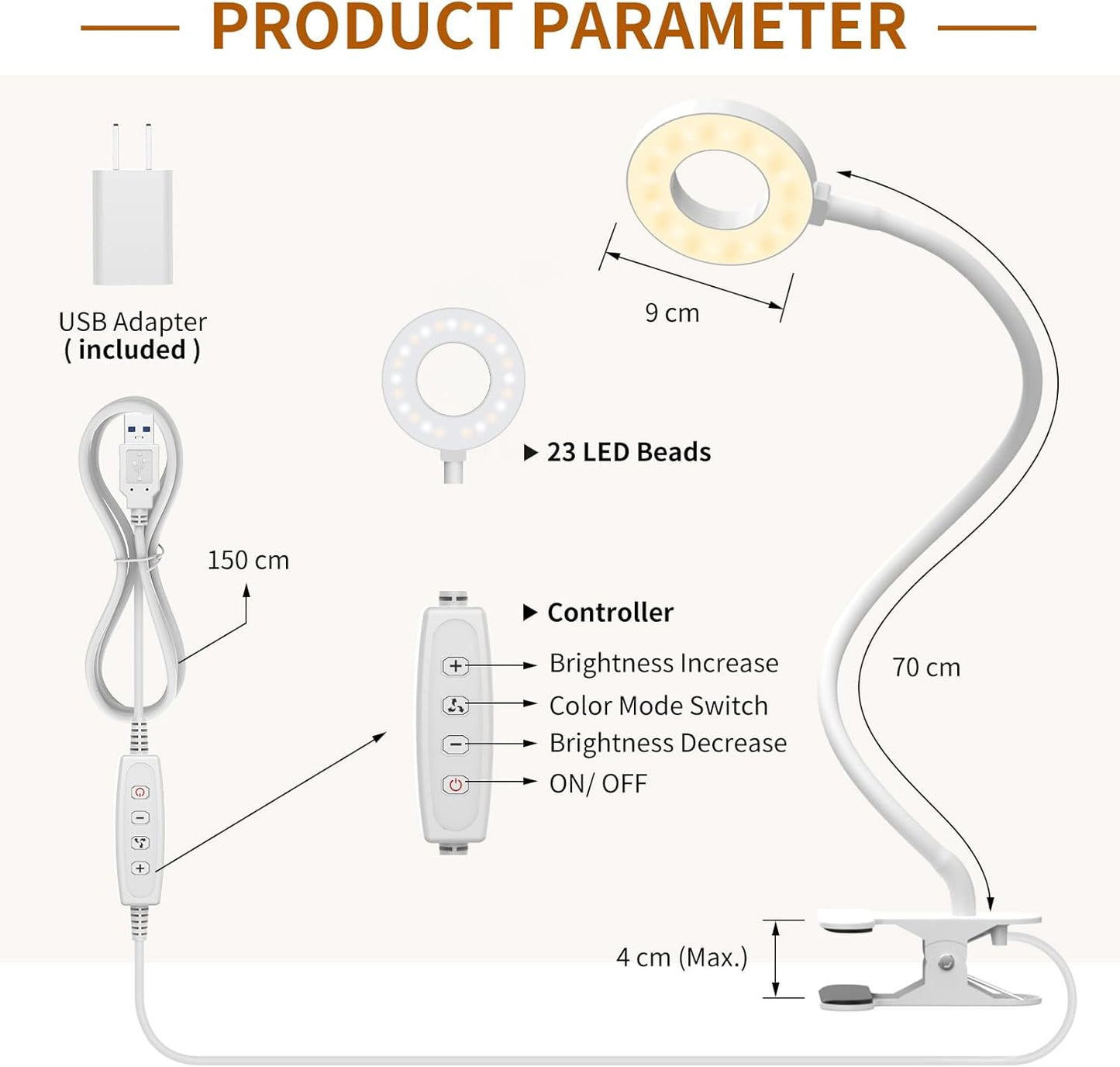 iZELL Book Light, Clip on Reading Light with Silicone Flexible Arm, Dimmable LED Lamparas Clamp on Workbench Desk for Studying Painting Crafting Drawing Makeup Nail Tech Puzzle Task - 27.6‘’ White