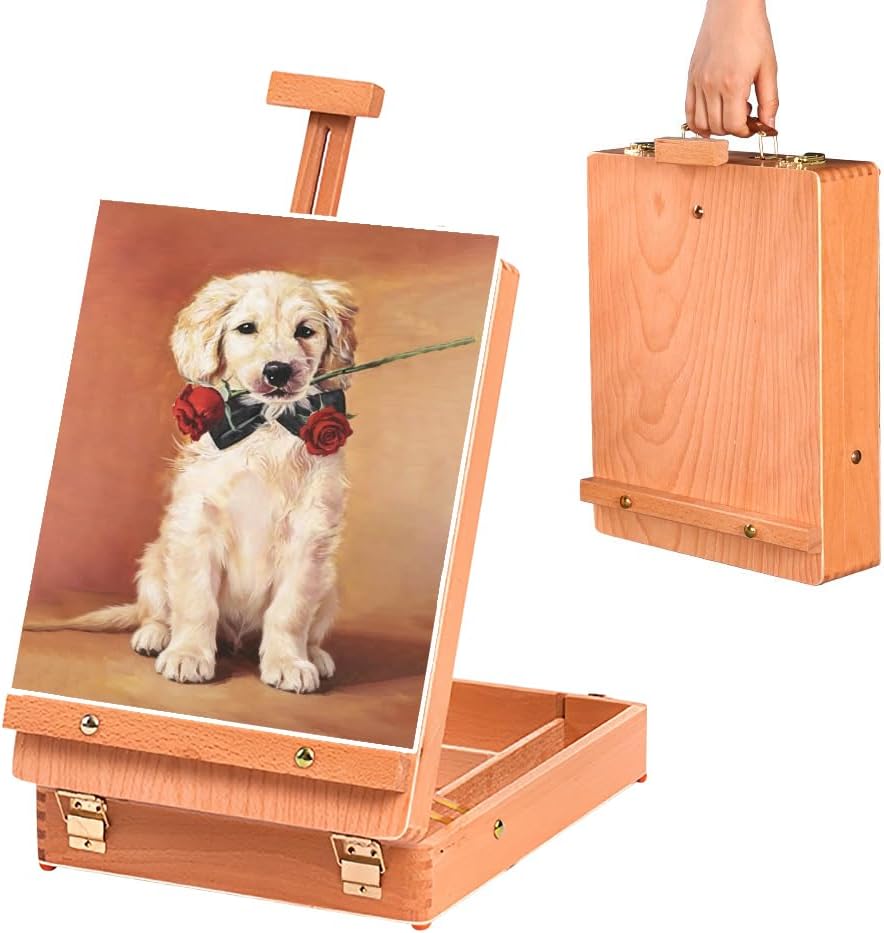 Wooden Art Easel for Painting & Sketching - Tabletop & Table Top Easel with Storage - Adjustable Height & Angle, Foldable - Perfect for Adults, Artists, Students & Beginners