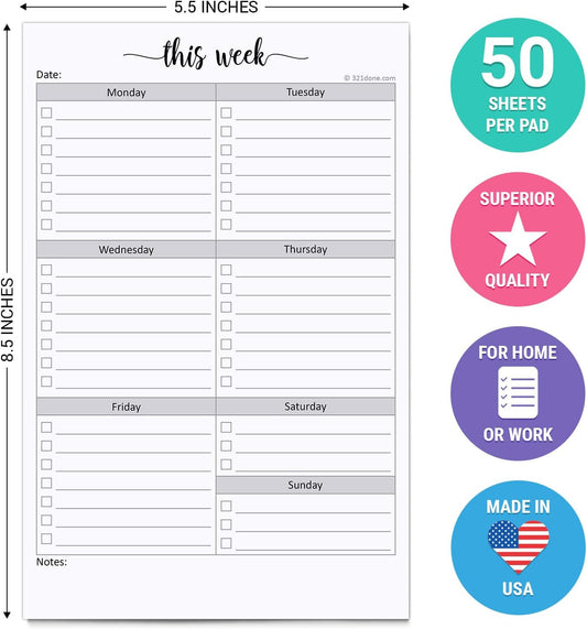 321Done Weekly Checklist Notepad - 50 Sheets (5.5" x 8.5") - This Week to Do Notepad Tear Off Planning Pad, Planner Checklist Organizing - Made in USA - Simple Script