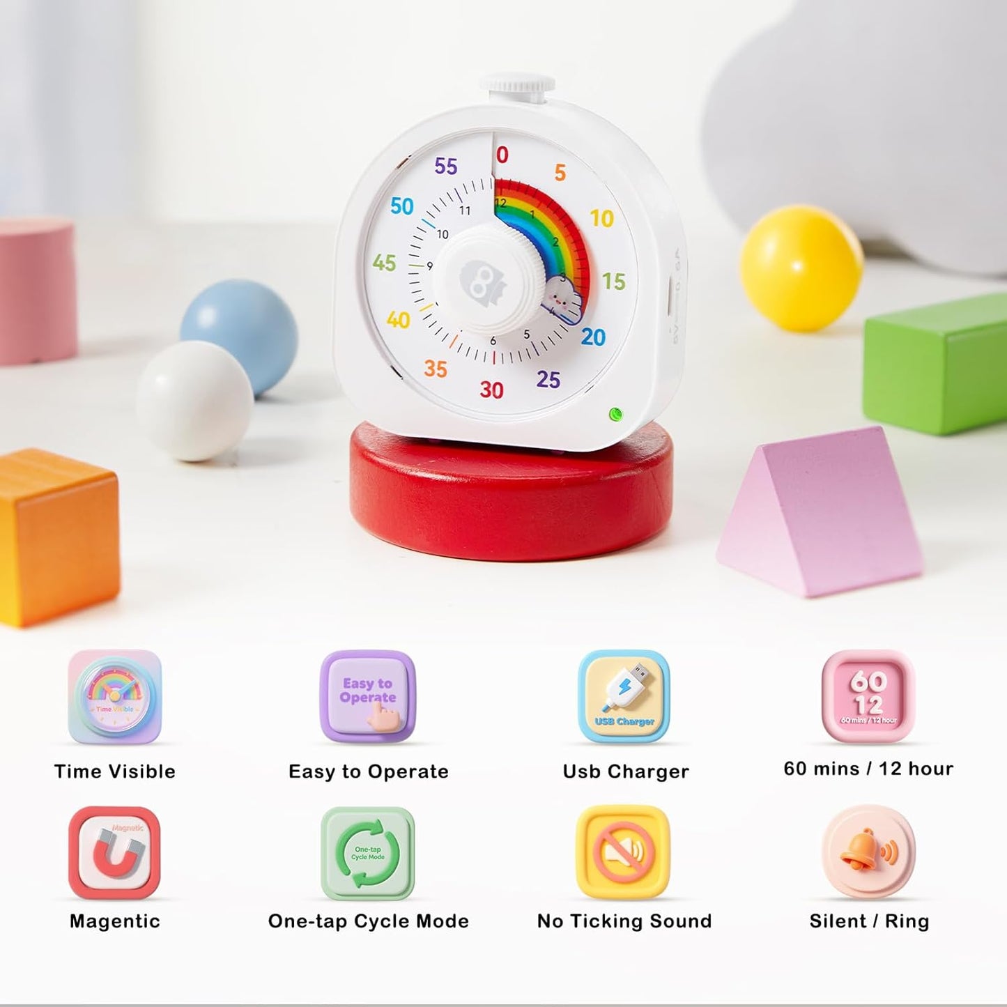 Visual Timer for Kids and Adults 60 Min/12 Hour Rechargeable Countdown Timer with Magnetic Sticker and Mute Function Kids Pomodoro Timers for Classroom Office Kitchen Silent Operation & Rainbow Disk