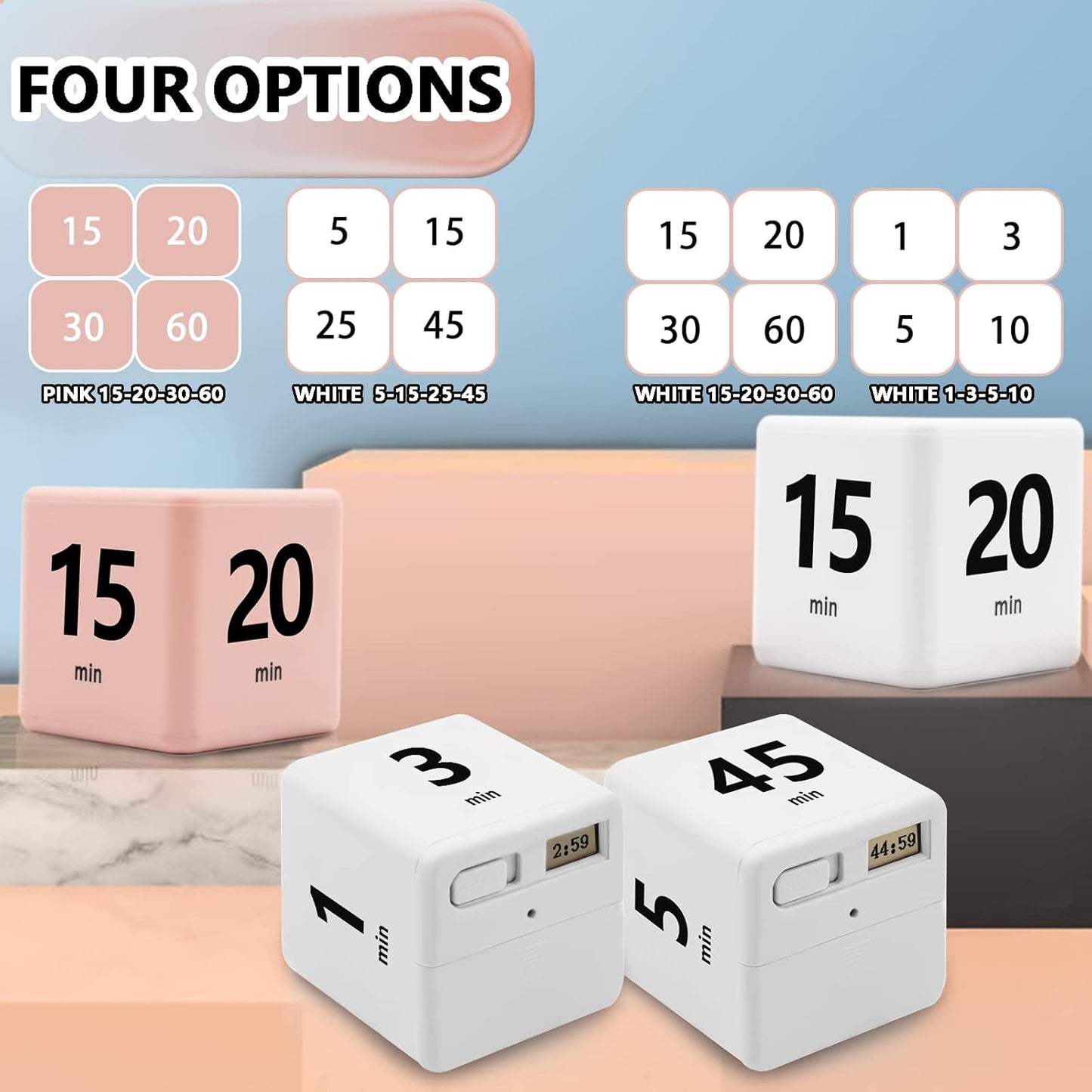 Cube Timer, Time Management and Countdown Settings with Gravity Sensor Flip Timer for Studying, Cooking, Reading, Exercise (15-20-30-60 Minutes) White
