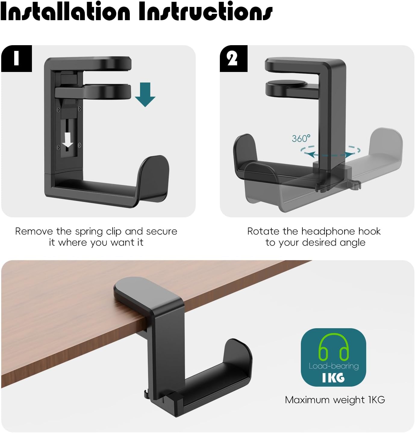 Rotating Headphone Hook - Under Desk Headphone Holder with 360-Degree Adjustable Rotation&Cable Clip Organizer - Black