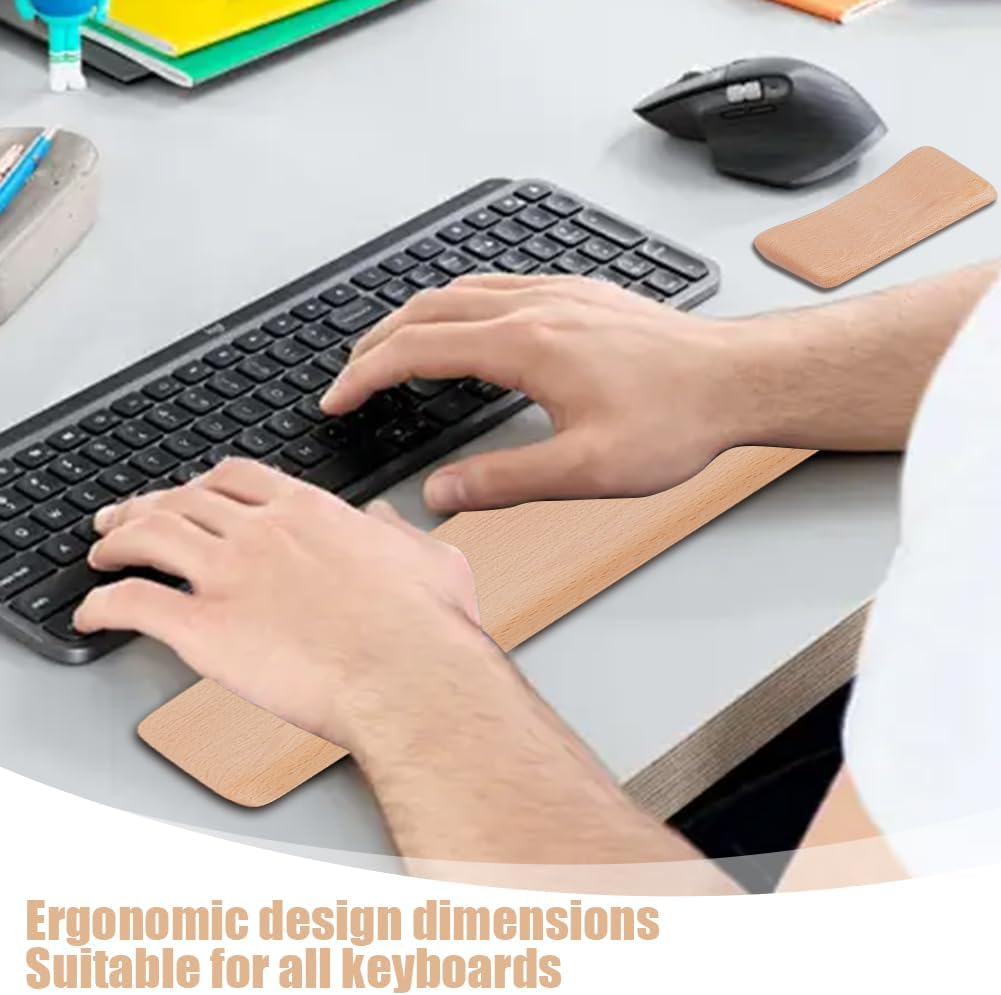 AHANDMAKER 2PCS Wood Keyboard Wrist Rest 2 Size 60 Key Wooden Wrist RestErgonomic Rest for Computer Keyboard Ergonomic Desk Pad Gaming Office Home Decor, Blanched Almond