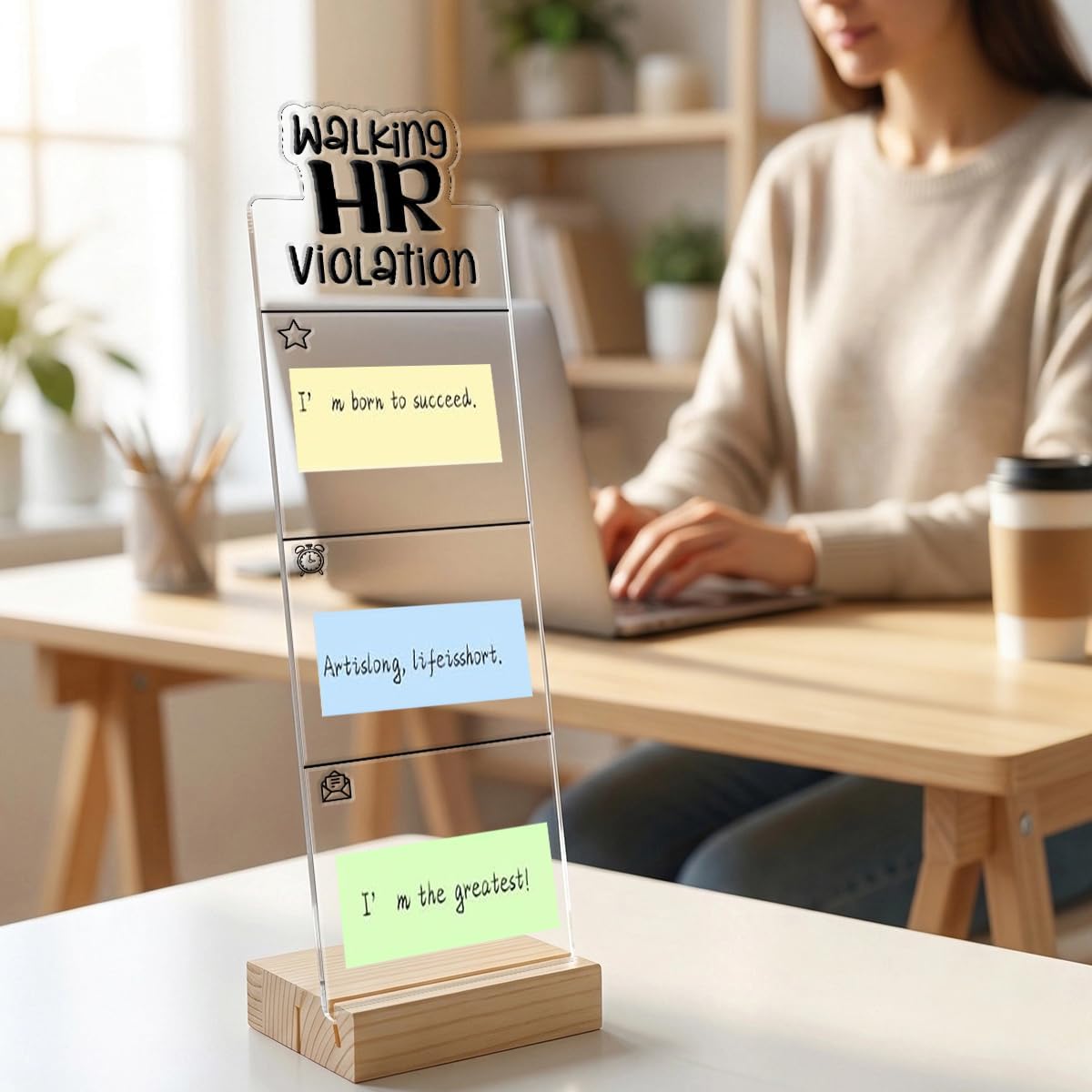 Monitor Memo Board Computer Monitor Memo Board Sticky Note Organizer Kidney Acrylic Desk Accessories Removable Wooden Base Set Sticky Notes 100 Sheets 11.8×3.1 inches