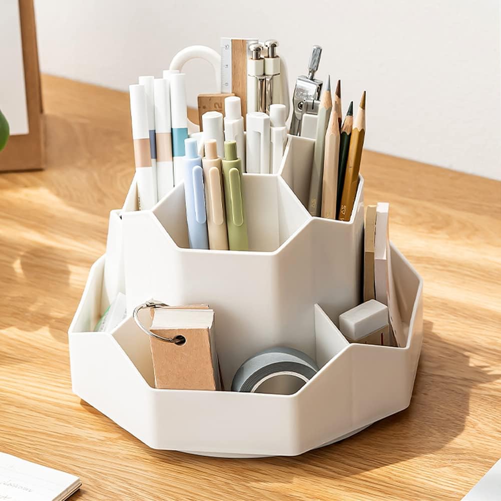 Rotating Art Supply Storage Organizer,Pencil Holder with 9 Compartment, Pen Storage Organizer, for Kids Art Desk, Homeschool Supplies, Home Office Desktop Organizer(White)