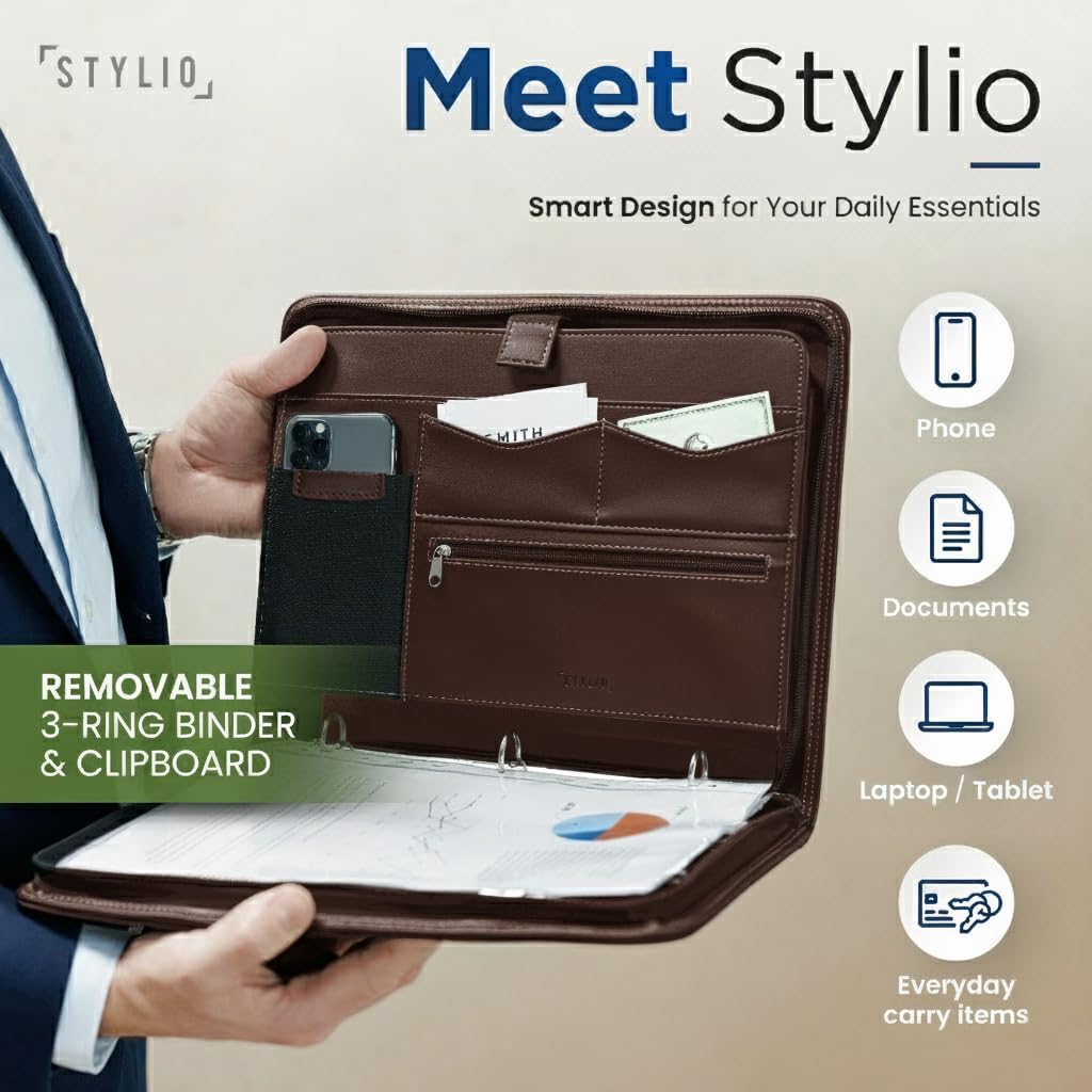 STYLIO Zipper Padfolio Portfolio Binder Organizer | Faux Leather Portfolio for Resume, Documents, Phone, Tablet, Business Supplies and Cards | Notebook Organizer with Letter Sized Notepad Included