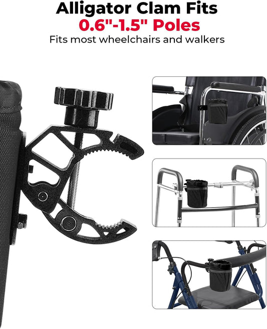 KEMIMOTO Wheelchair Cup Holder, Oxford Fabric Drink Cup Holder with Alligator Clamp for Motorcycle, Walker, Stroller, Scooter, Wheelchair, ATV, Bike, Golf Cart, Black