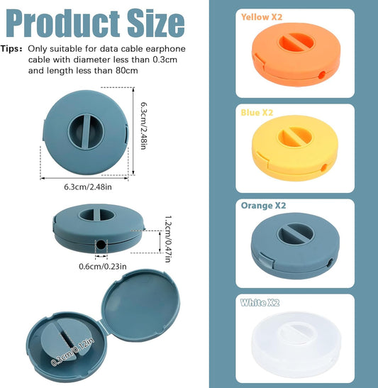 8PCS Portable Cable Winder, LIOUCBD 4 Colors Round Travel Cord Organizer Keeper Box, Retractable Cable Holder for Wrapping Earbuds USB Phone Earphone Mouse Cords Wire Charger