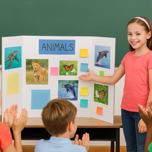 Trifold Poster Board 14"x21" Corrugated Display Board with Bonus 5 Colored A4 Sheets & Label, White Front Kraft Back Perfect for School Projects, Business Presentations, Science Fairs (White)