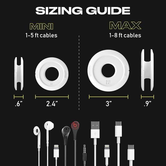 Side Winder Mini and Max Headphone, Earbud and Charging Cable Winder and Organizer Perfect for Wrapping Earbuds and Cords for Travel and Organization 2-Pack (White, Max)