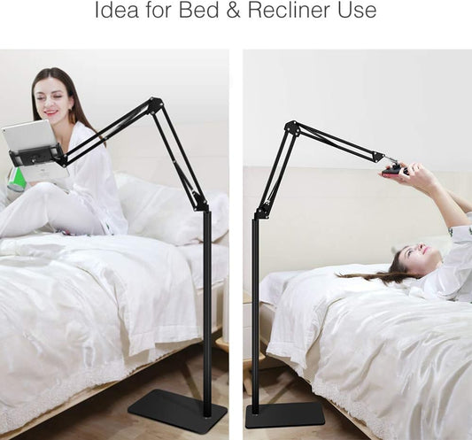 Tablet Floor Stand with 5LB Metal Base, Overhead Bed Phone Stand Angle Height Adjustable Holder, Universal Floor Stand Compatible with iPhone iPad Pro Air Mini, Samsung Tab, Kindle, E-Readers…
